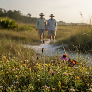 Dragonfly and monarch butterfly on wildflowers beside a sandy trail as two hikers walk through warm-season coastal grassland near Port St. Joe, Florida.