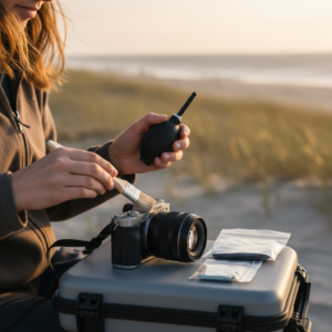 Person using a soft brush and bulb blower to remove sand from a mirrorless camera on a beach, with sealed microfiber cloths and a zip bag nearby in warm coastal light