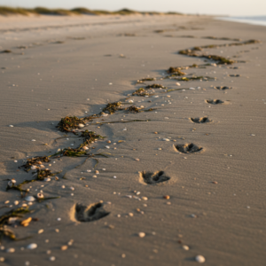 Three-toed shorebird tracks in damp beach sand beside a wrack line of seaweed and scattered shells at sunrise on Florida’s Gulf Coast near Port St. Joe