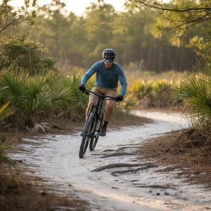 Mountain biker rides a sandy singletrack turn with exposed roots through pine and palmetto scrub near Port St. Joe, Florida at golden hour