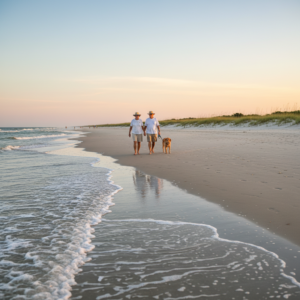Two adults walk a wide Port St. Joe beach at low tide with a leashed dog, waves washing the shoreline beside dunes in warm evening light.