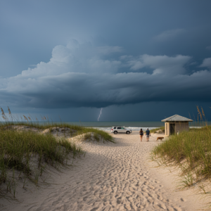 Beach access path through sand dunes as a lightning bolt flashes over the Gulf while a couple walks toward a parked SUV and a small shelter building with their dog nearby.