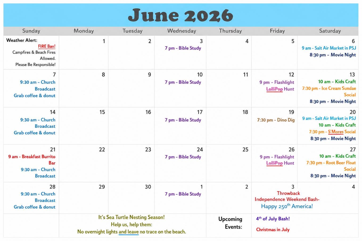 June 2026 calendar with events including Bible Study, church services, kids’ crafts, art markets, and special notes about sea turtle nesting and July 4th preparations.