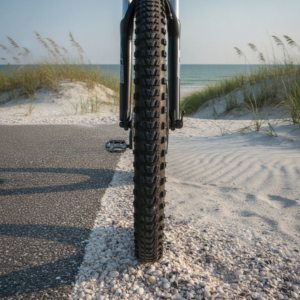 Close-up of a bicycle tire on a coastal path where pavement meets crushed shell and sand, with dune grass and the Gulf water in the background.