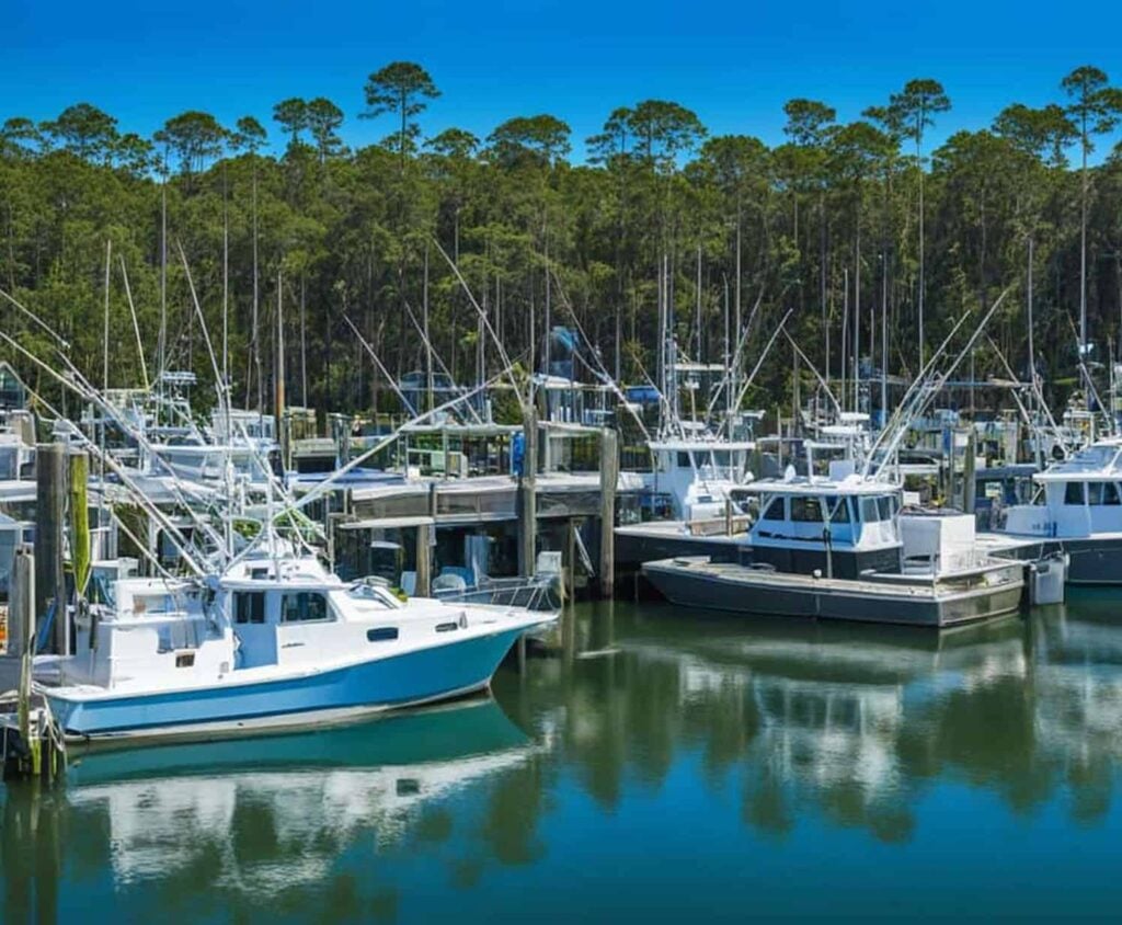 Several white fishing boats docked at a marina with calm water, surrounded by trees in the background under a clear blue sky.